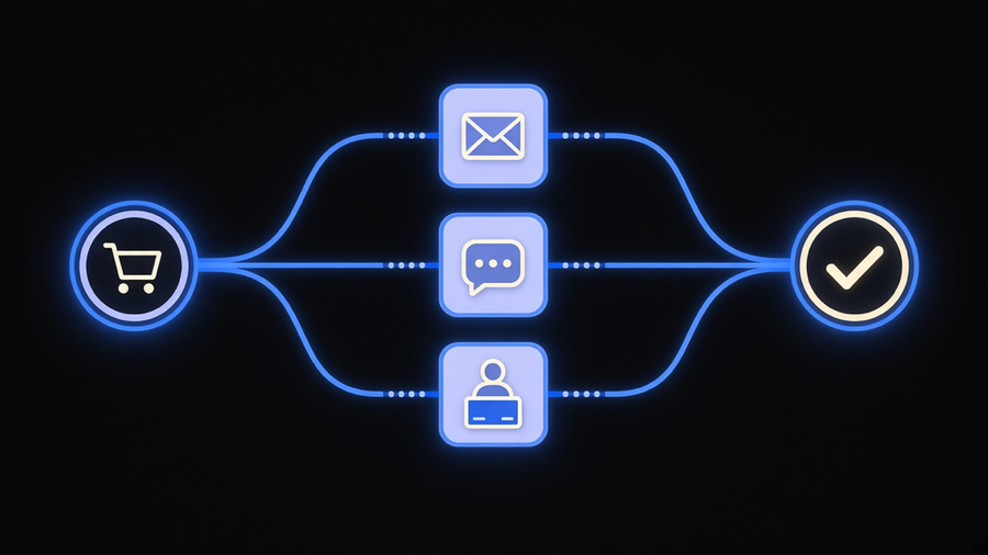 A branching workflow diagram showing a customer trigger event splitting into automated email, SMS, and CRM update paths