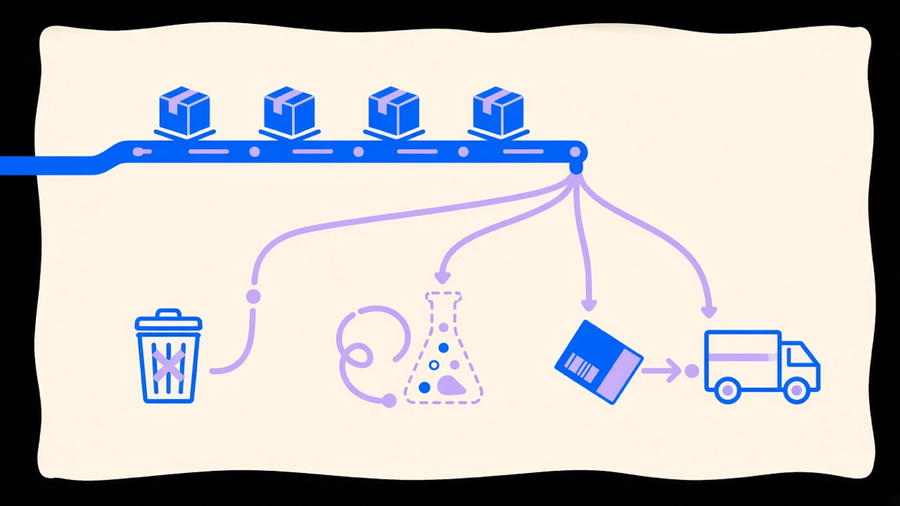Illustration of a Shopify order queue splitting into cancel, test, and fulfill paths
