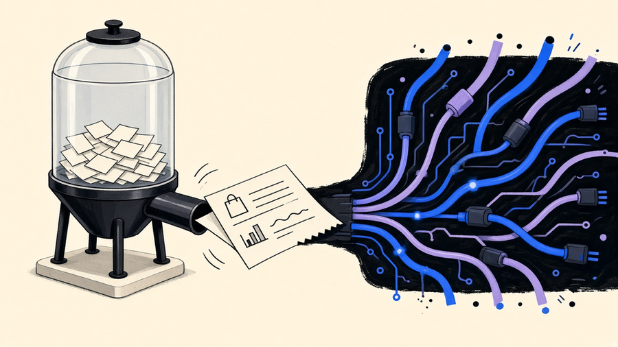 An order slip leaving a glass shop silo and plugging into a switchboard of marketing cables