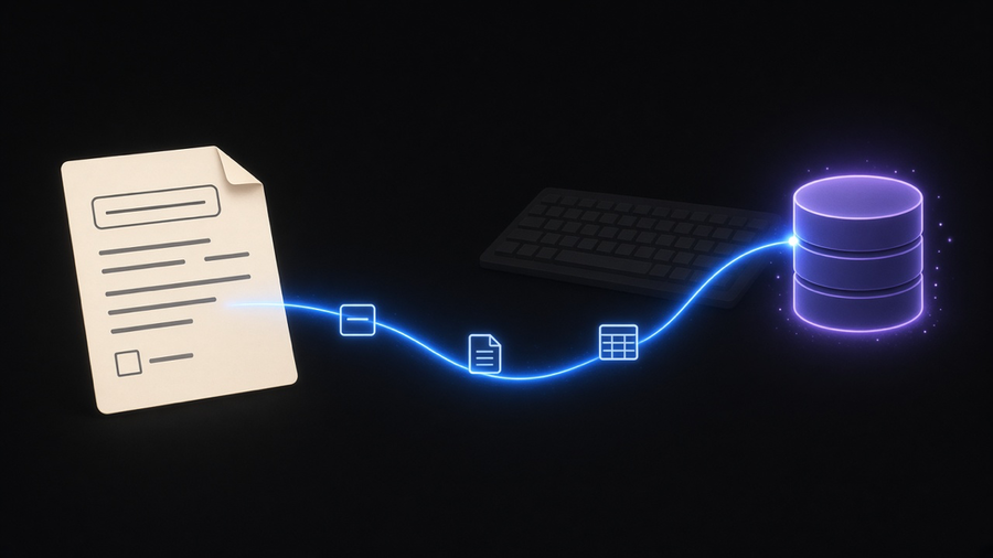 A form's fields flowing as glowing threads directly into a database icon, bypassing a keyboard
