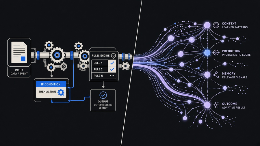 Split illustration showing a rigid gear-driven pipeline on one side and a flowing adaptive neural pathway on the other