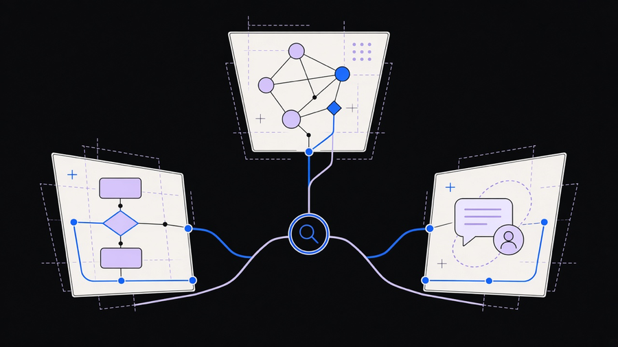 Illustration of three different workflow canvases branching from one shared starting node, each ending in a different shaped product