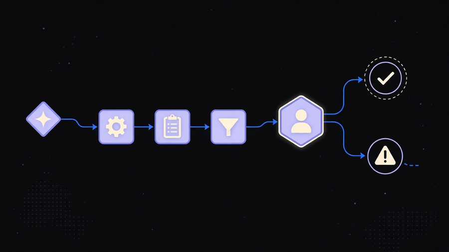 A branching workflow diagram showing a trigger moving through automated steps to a human checkpoint and an outcome