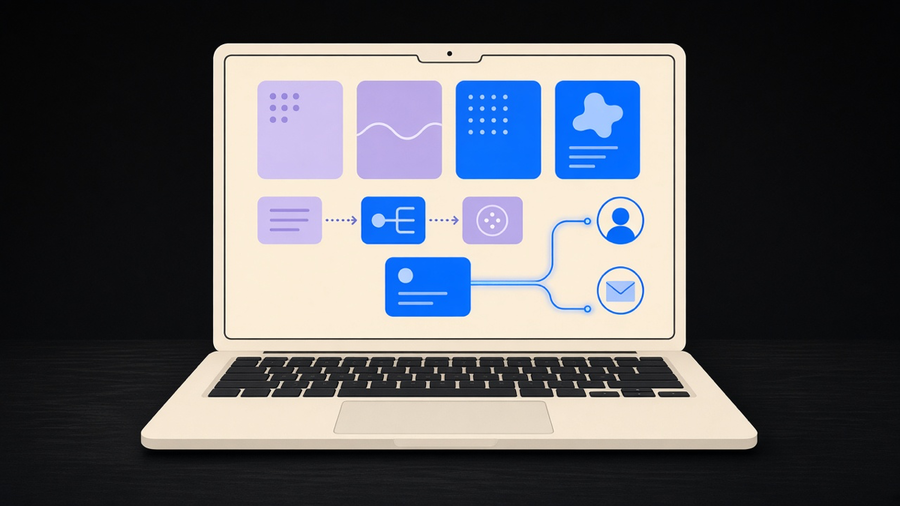 A sales rep's CRM dashboard with contact records, lead scores, and follow-up emails moving automatically between pipeline stages