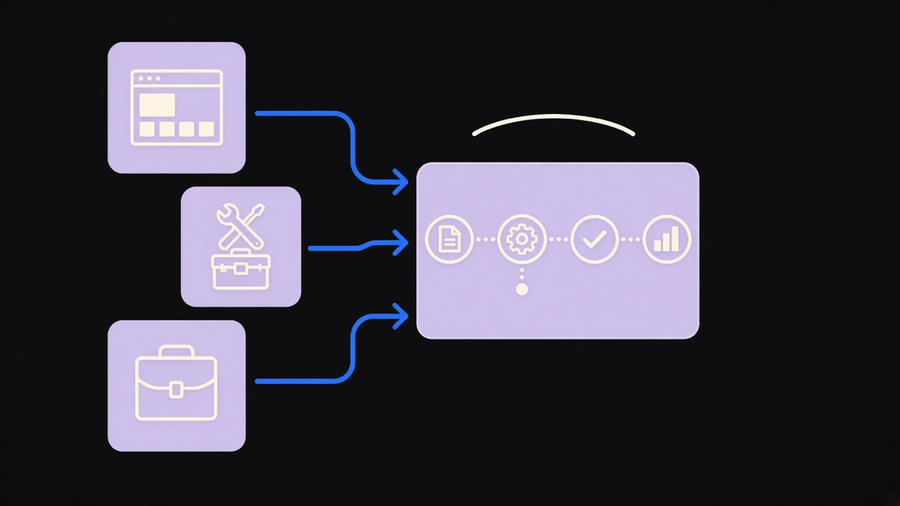 Three different shaped boxes labeled platform, services firm, and specialist, each feeding into the same automated workflow diagram