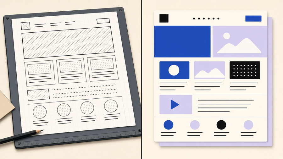 A wireframe skeleton of a website on one side and a finished colorful page on the other, indigo ink on cream paper