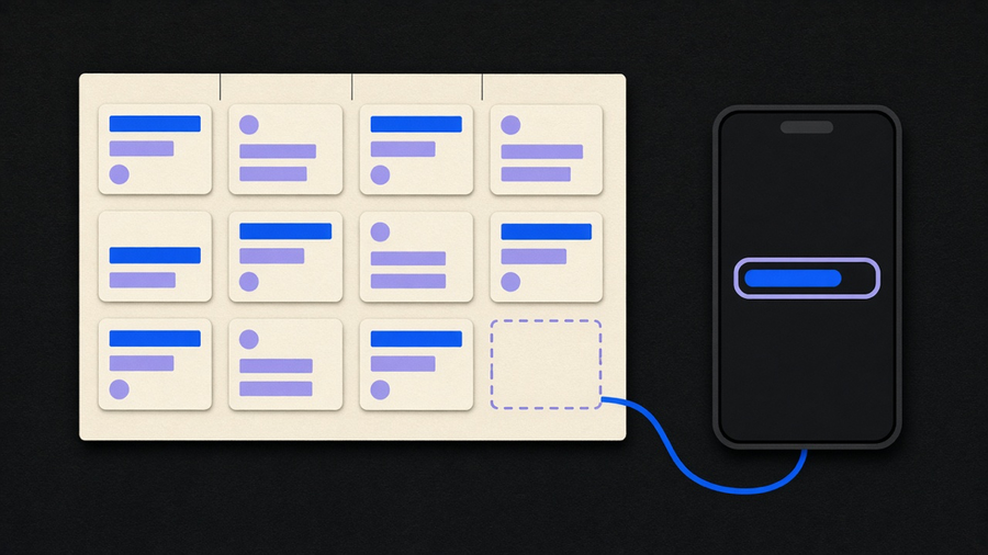 A split scene showing a sprint board on one side and an app store review queue on the other, connected by a single release timeline
