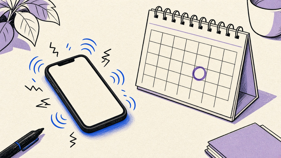 Illustration of a phone buzzing with an appointment reminder text next to a calendar, in ink, primary blue, and lavender tones