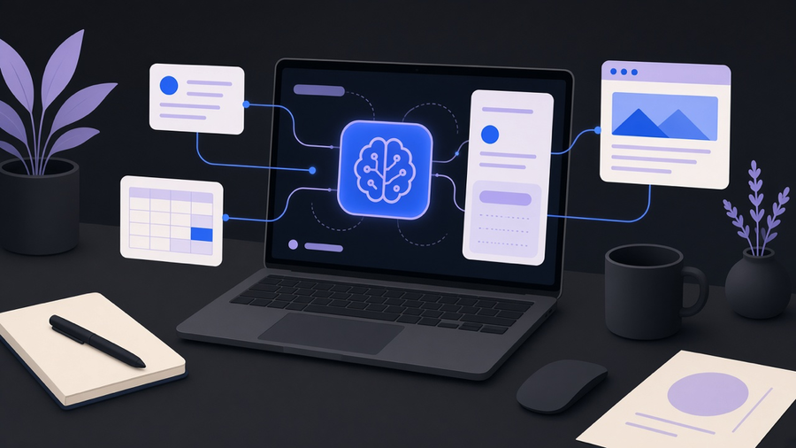 A workspace scene showing an AI agent connected to tools, memory, and a task queue