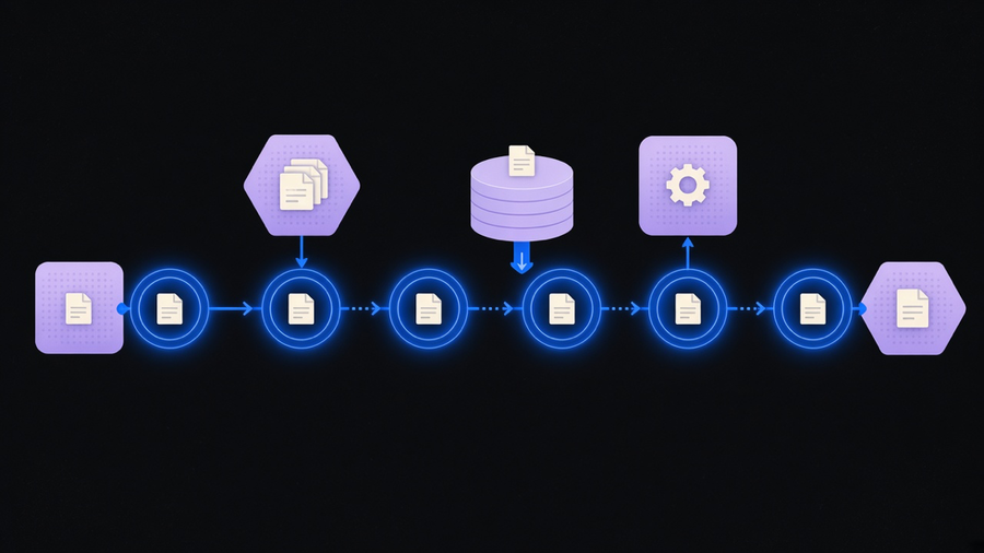 Illustration of a glowing automated pipeline routing documents and data between connected app icons