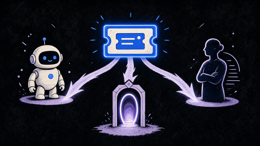 Illustration of a single glowing support ticket splitting into three paths: a bot, a self-service portal, and a human agent