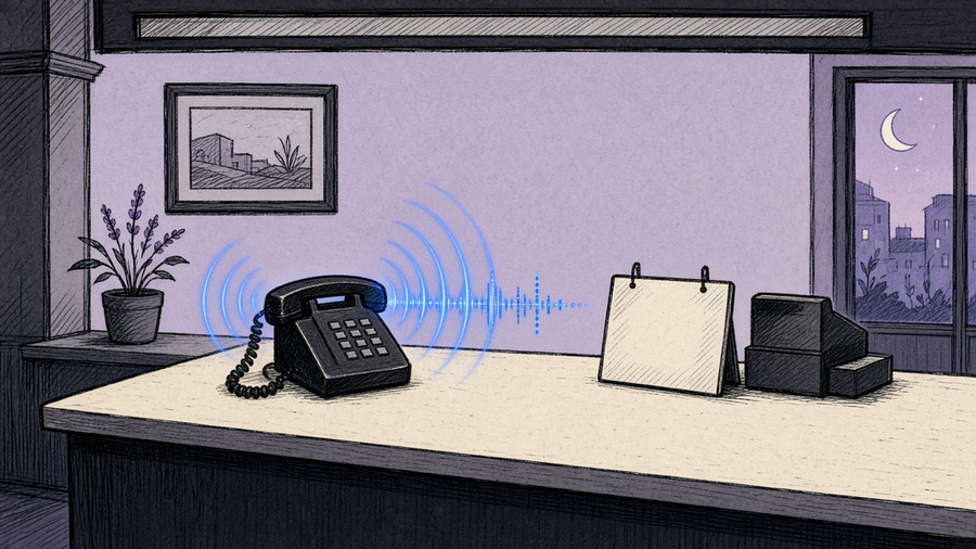 Illustration of a small shop counter with a phone glowing with a call waveform instead of ringing unanswered