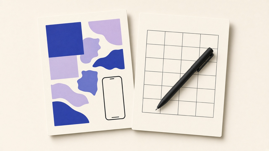 A two-page proposal on a desk, one page a vision mood board, the other a line-item scope table with a pen resting on it