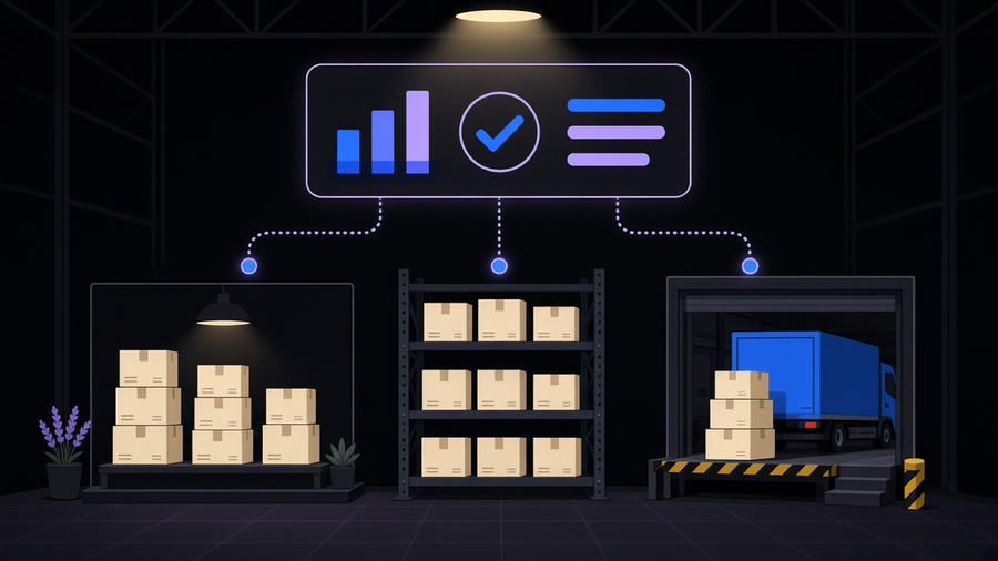 Illustration of a warehouse shelf with stock counted across multiple locations feeding into a single dashboard