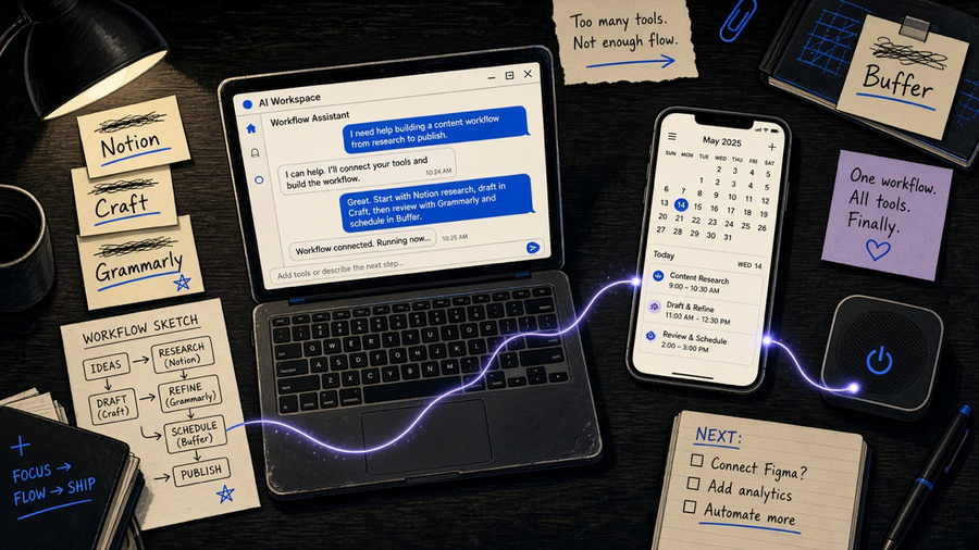 A cluttered desk with multiple glowing app icons representing different AI productivity tools converging into one workflow