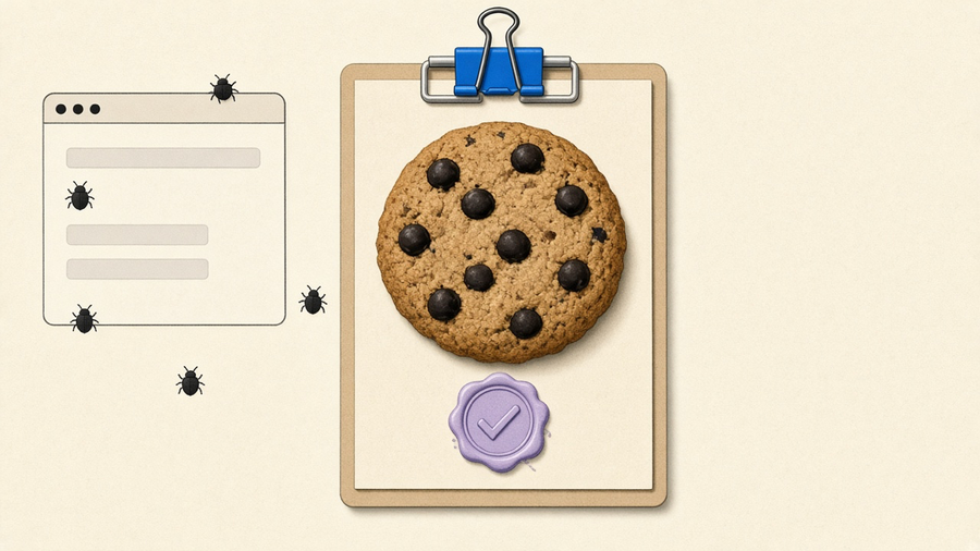 A giant cookie clipped to a legal board, with tiny tracking bugs on a webpage nearby