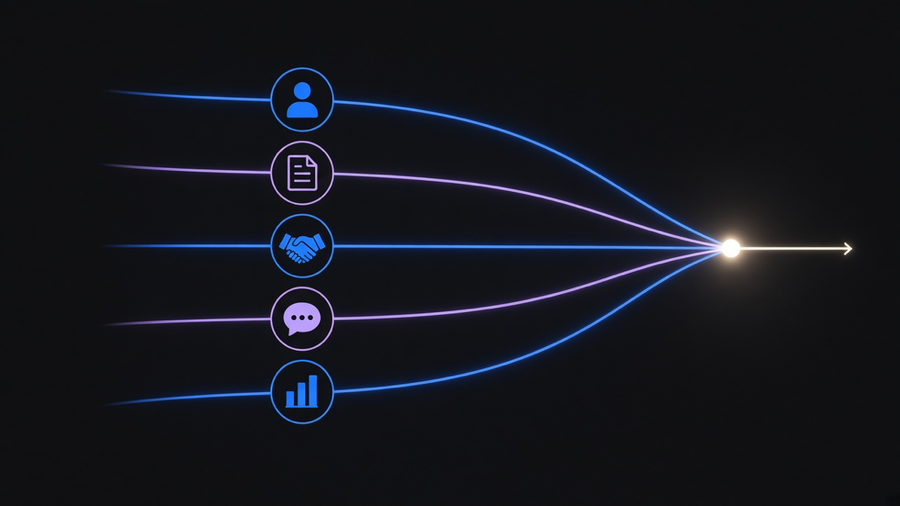 Five glowing connected workflow lanes representing HR onboarding, invoicing, sales, support, and reporting automation
