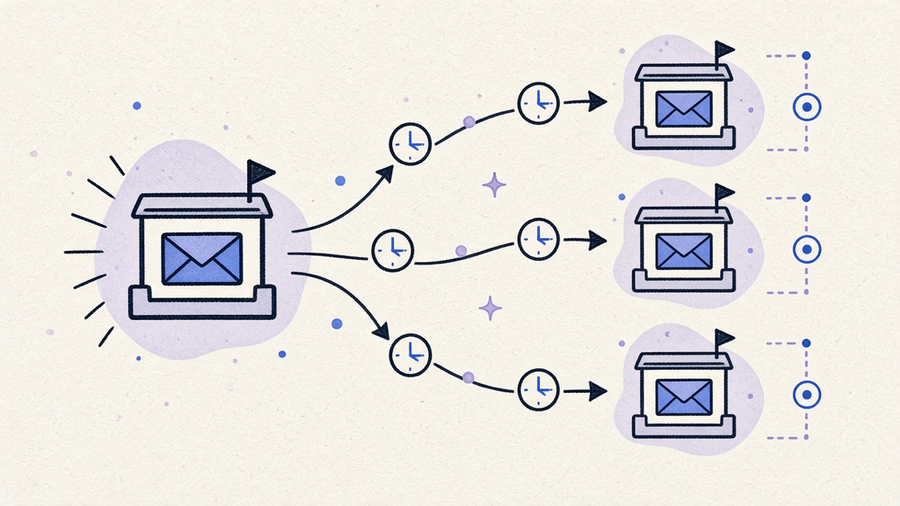 A sequence of connected email icons flowing from a sender's inbox toward multiple prospect inboxes, styled as a clean outreach cadence diagram.