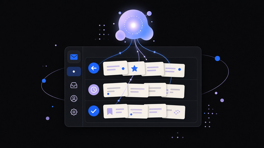 Illustration of an inbox with messages being sorted and drafted by an AI agent