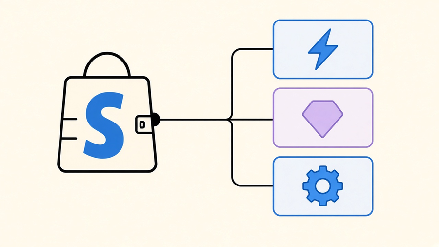 Illustration of a Shopify order icon branching through trigger, condition, and action nodes on a workflow board