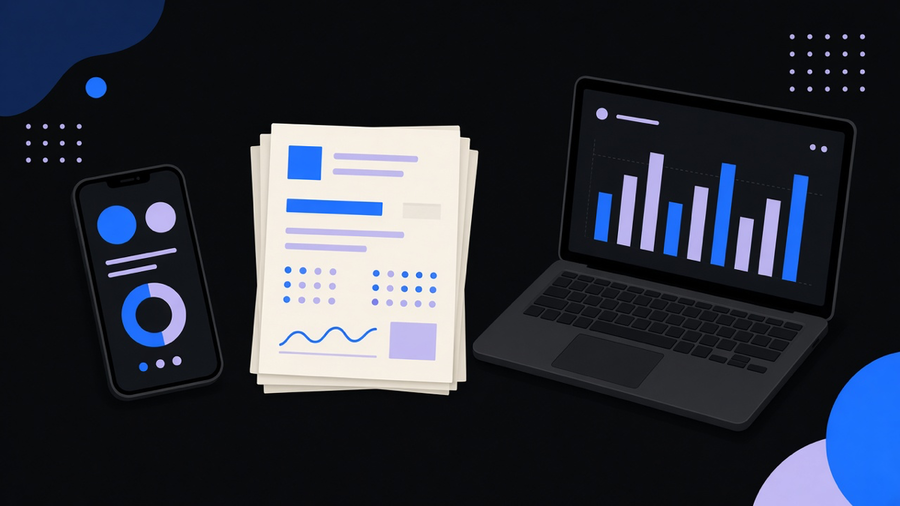 A desk scene with an invoice breakdown next to a phone mockup, showing cost line items for design, development, and testing