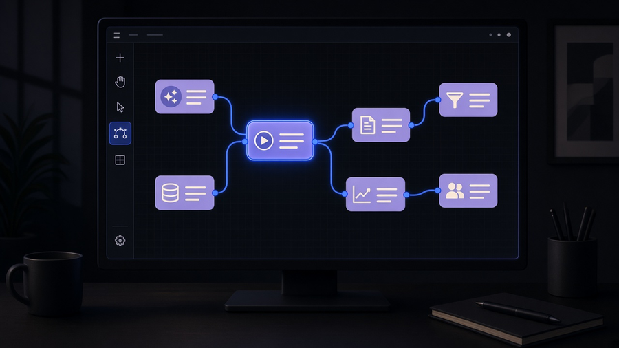 A control room style dashboard showing connected workflow nodes routing between apps, rendered in ink, blue, and lavender tones