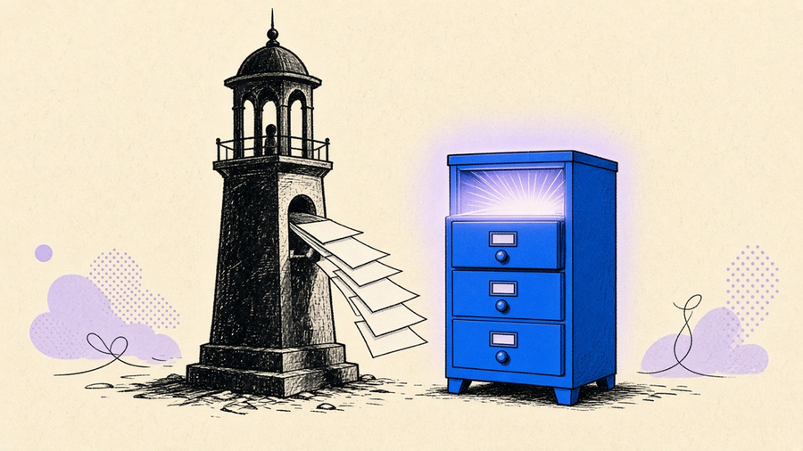 A small lighthouse feeding paper brand cards into a blue search-index cabinet