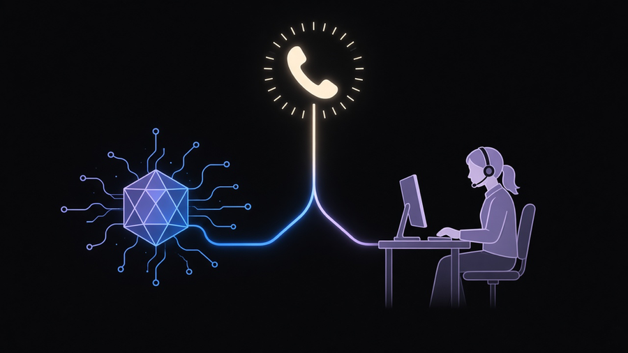 Illustration of a phone call splitting into a glowing AI routing node and a human agent desk, side by side