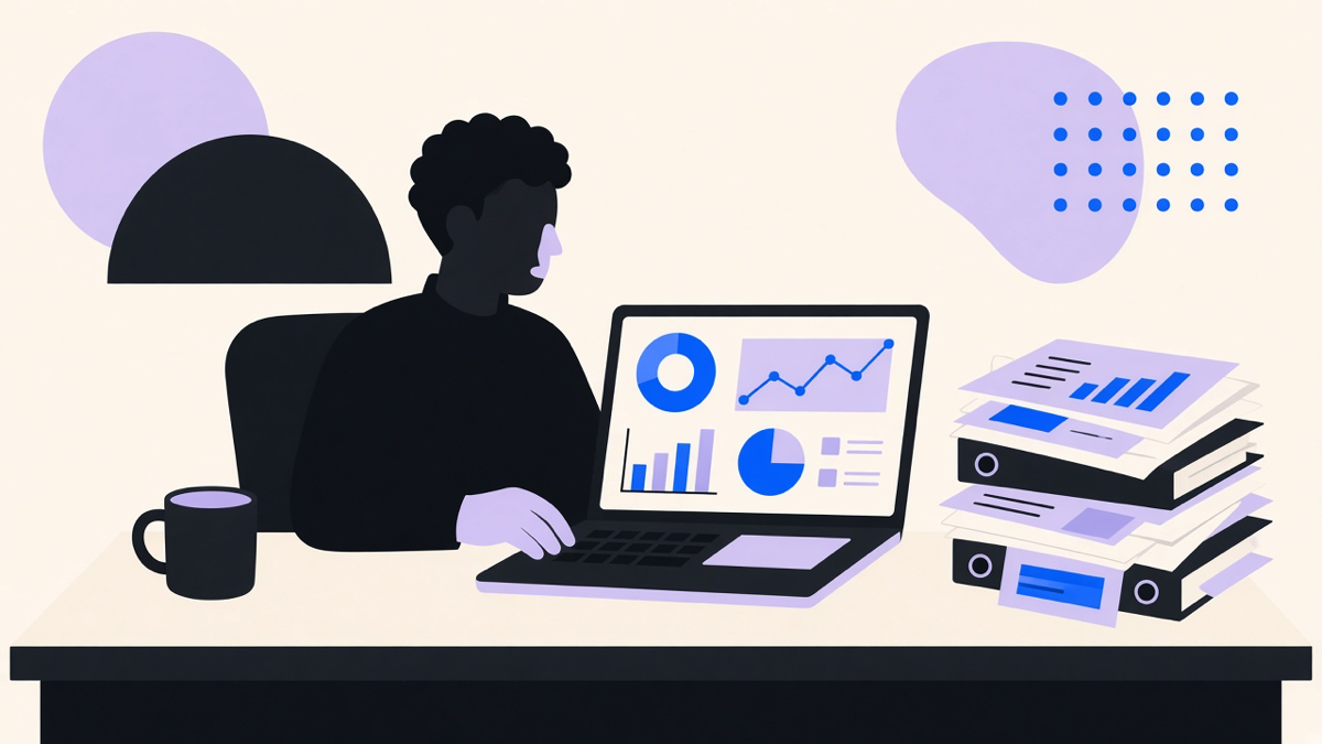 A small business owner reviewing an automated dashboard next to a stack of old spreadsheets