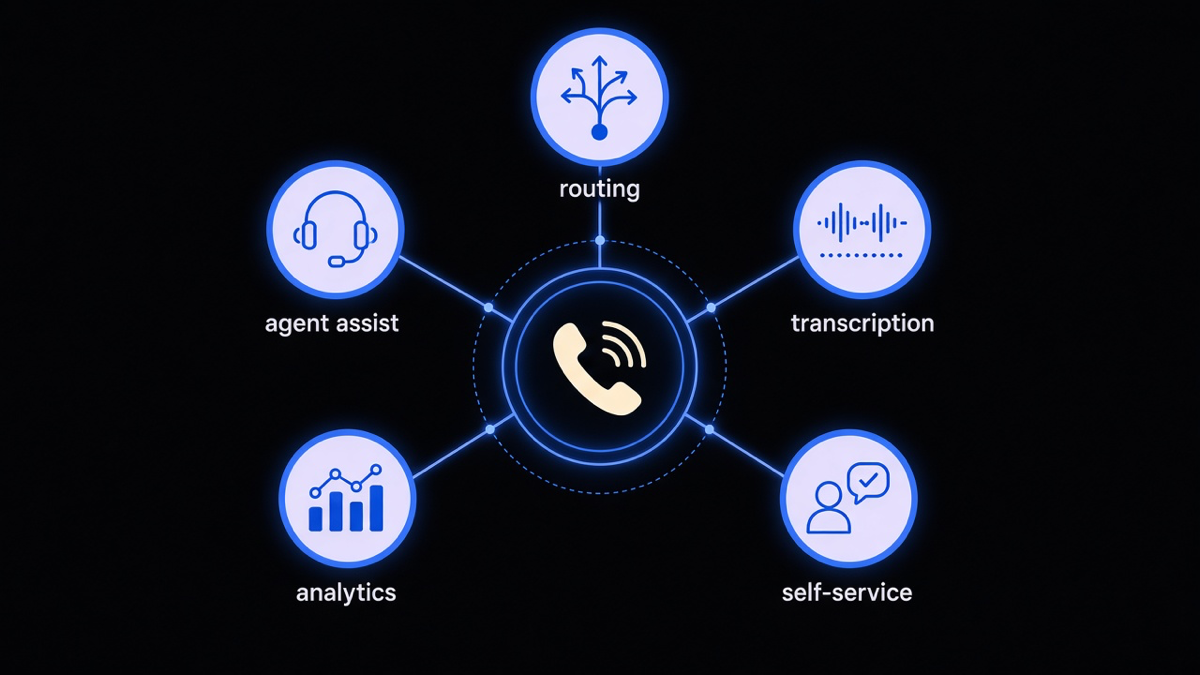 Diagram-style illustration of five separate contact center AI capabilities feeding into one shared customer call