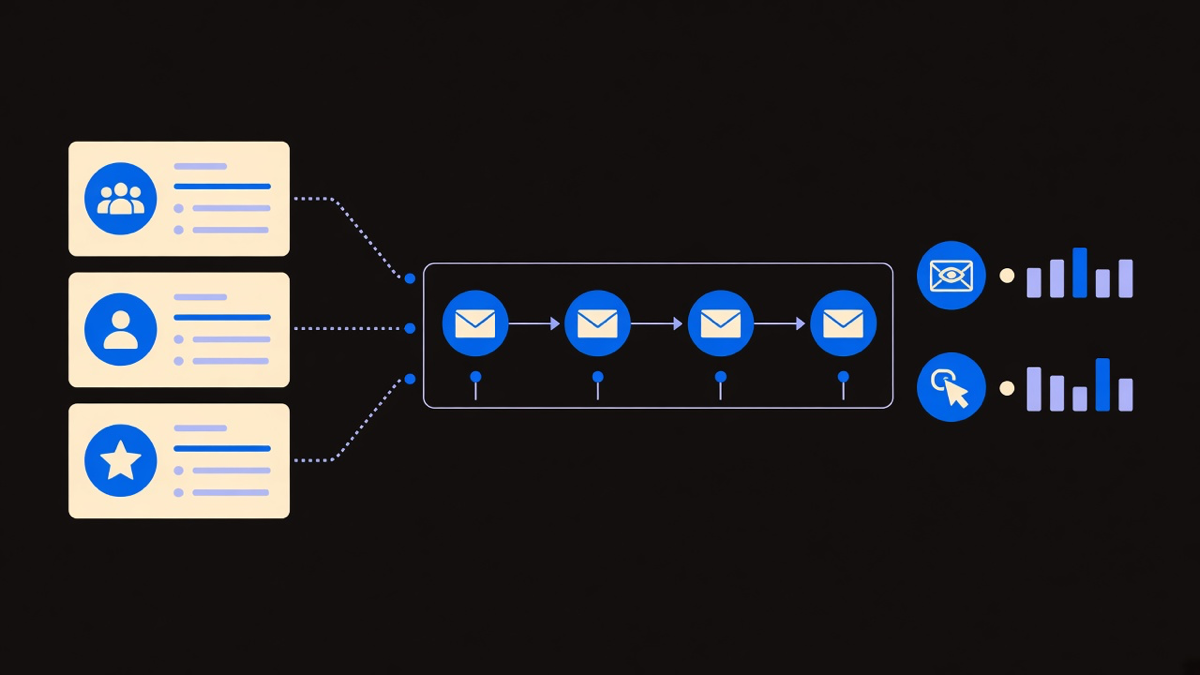 A dashboard-style screen showing customer segments feeding into an automated email sequence with open and click metrics
