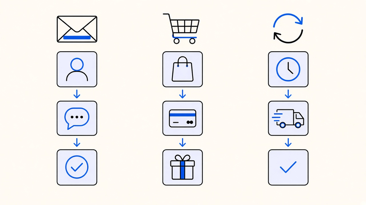 A three-column diagram showing welcome series, abandoned cart, and win-back workflows each with their trigger and timed steps
