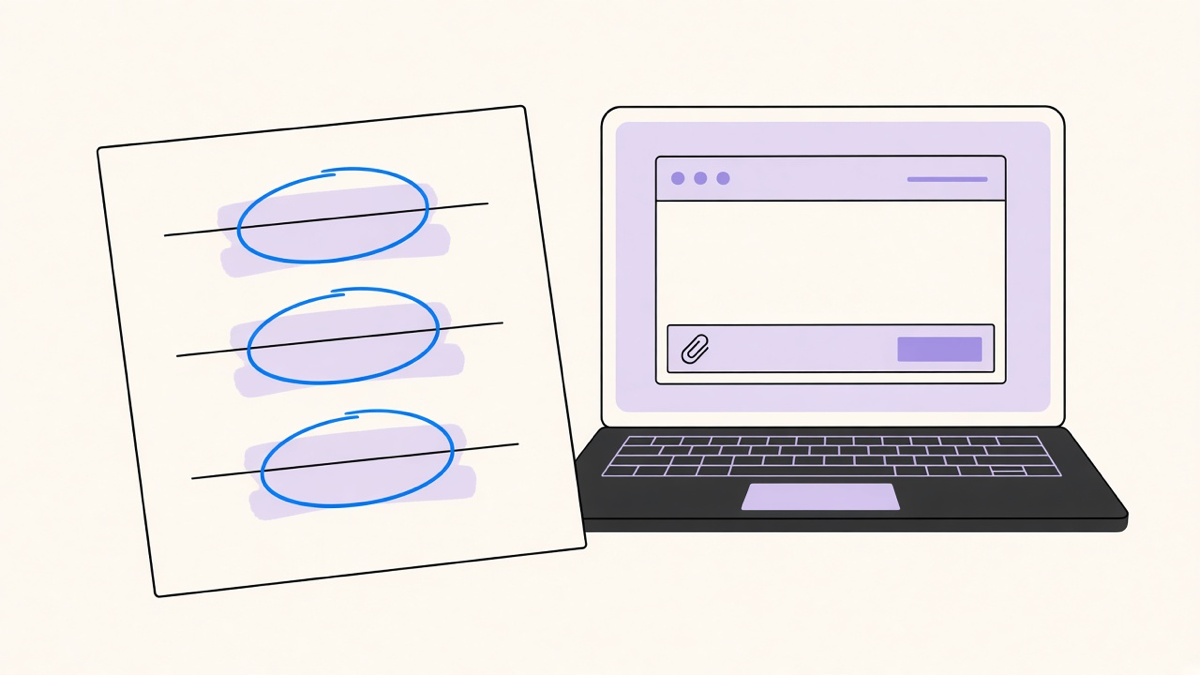 A hand editing a short cold email draft on a laptop next to a printed template with three marked-up lines