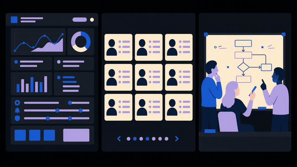 A split illustration of three lanes: a software dashboard, a freelance marketplace profile grid, and a small delivery team at a whiteboard