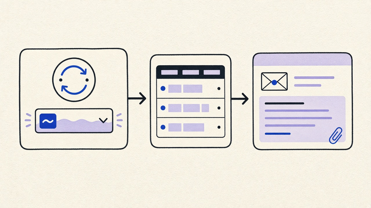 A calendar-style recurrence dialog next to a data table feeding into an email draft