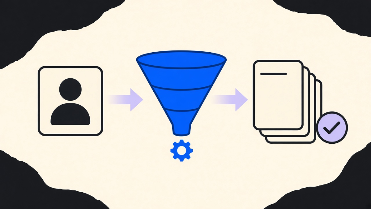 A split-screen diagram showing a lead entering a CRM on one side and automatically routing to a scored, assigned rep on the other
