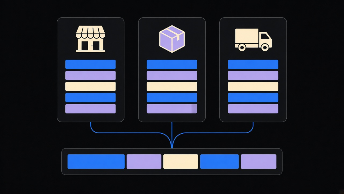 Illustration of a Shopify admin panel showing on hand, committed, and incoming stock counts split across three store locations