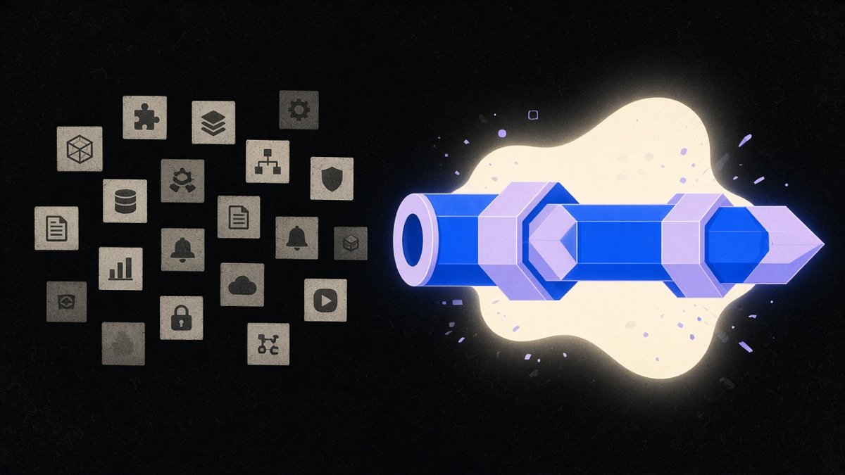 A dusty grid of unused software app icons next to one glowing, actively connected automation pipeline module