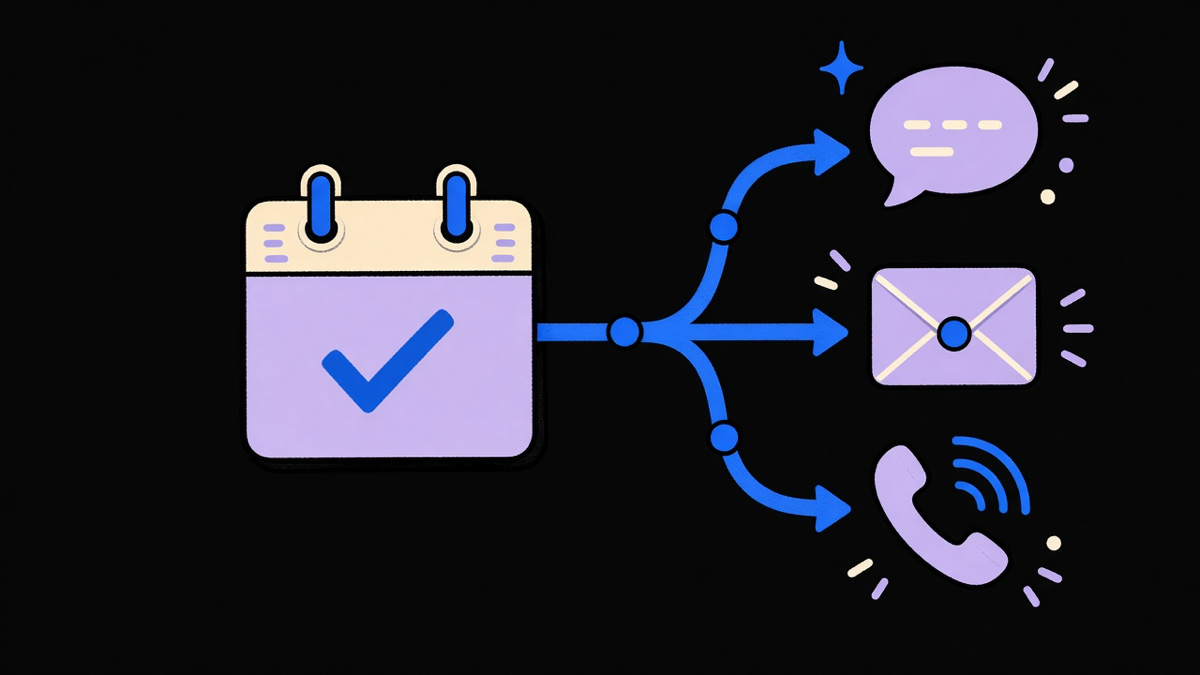 Illustration of an automated messaging pipeline branching from one calendar into text, email, and voice channels