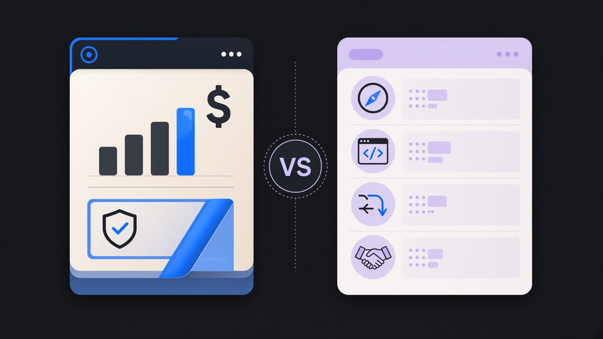 A side-by-side comparison chart contrasting a platform vendor quote against a services firm statement of work, showing license fees separated from implementation phases