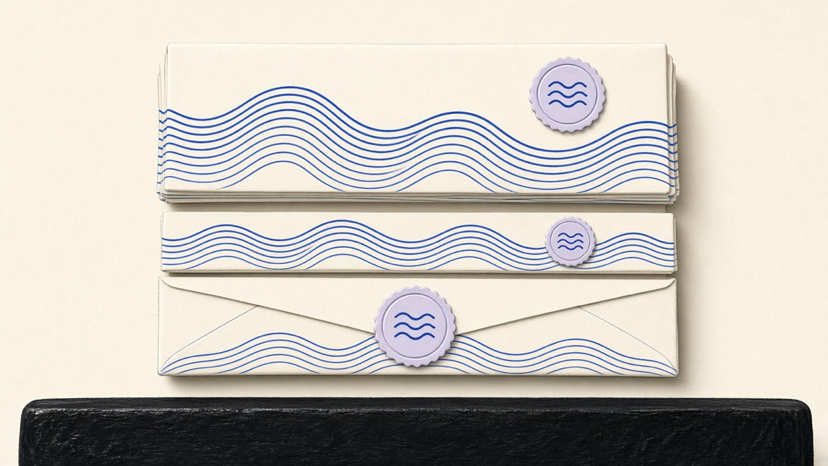 Three stacked paper bills labeled as a one-time build, a monthly hosting strip, and a yearly domain envelope, indigo ink on cream paper