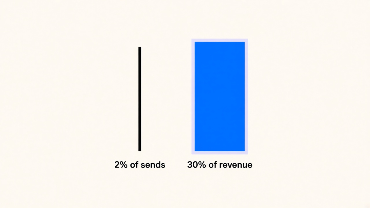 Bar chart illustration comparing a thin 2 percent sliver of automated sends against a large 30 percent slice of revenue it generates