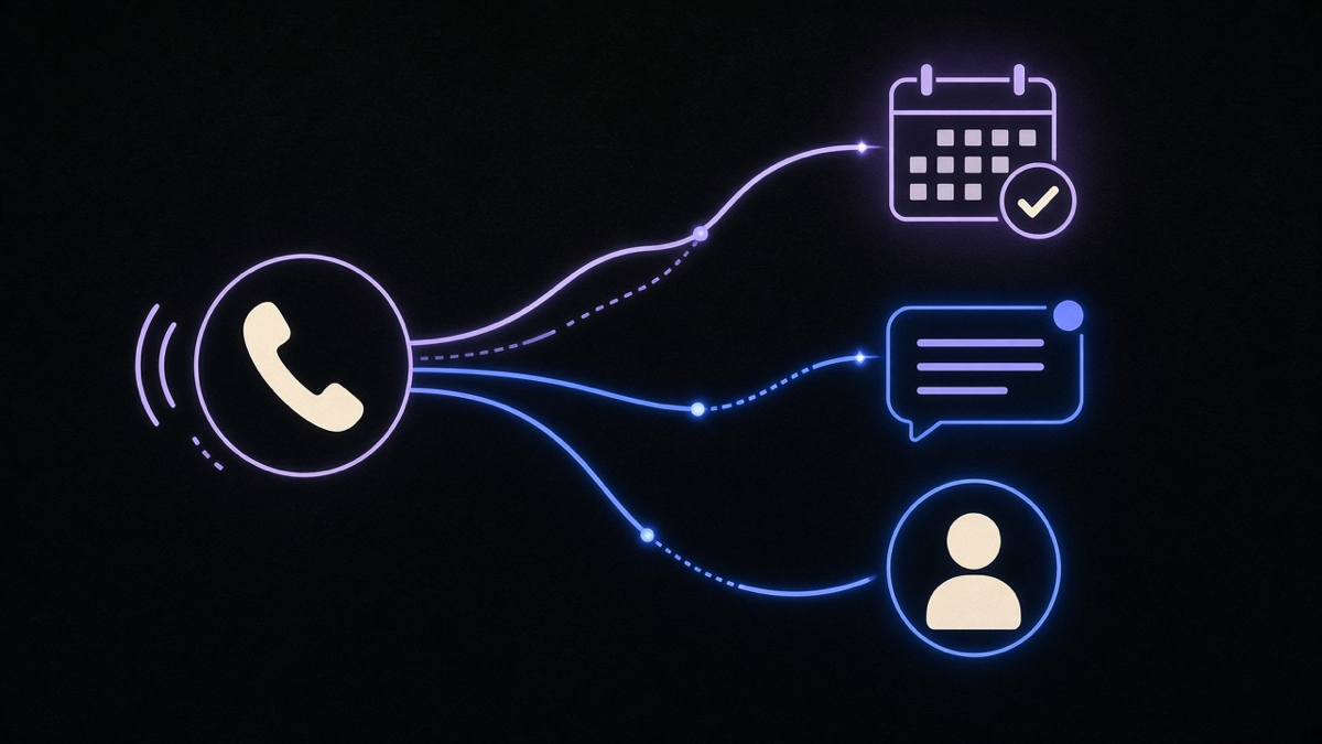 Illustration of a phone call splitting into three paths: an instant answer, a calendar booking, and a text alert to a human