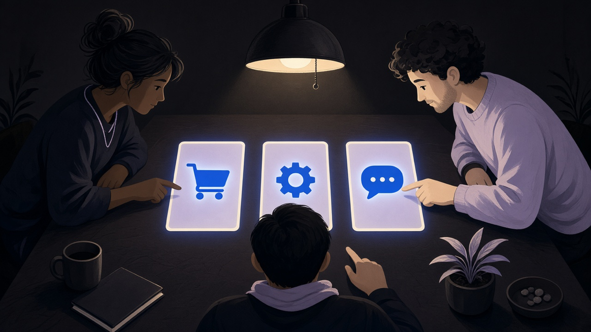 A decision matrix scene showing a marketing team comparing three glowing platform cards on a table, weighing tradeoffs