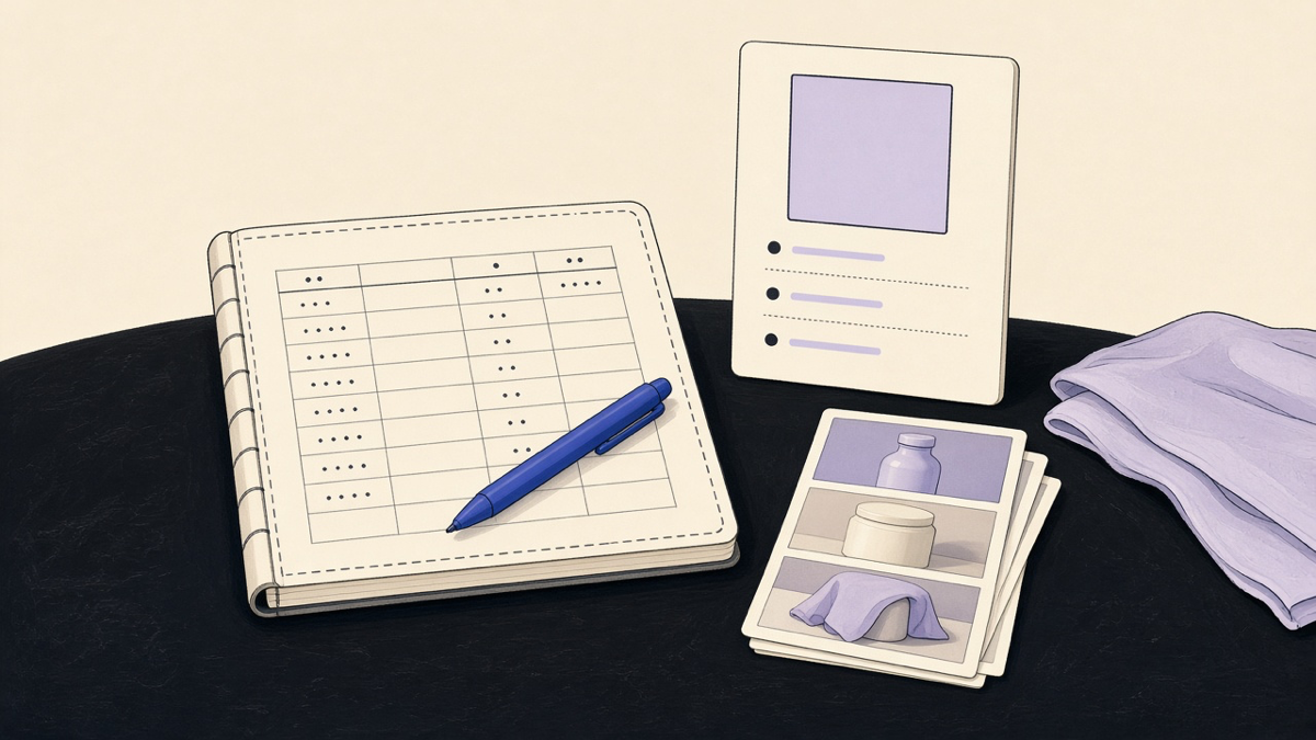 A weekend desk with a Shopify admin sketched as a cream ledger, a default theme card, and a small stack of product photos