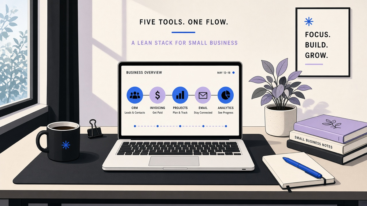 A small desk setup with a laptop showing a lightweight budget dashboard of five connected app icons