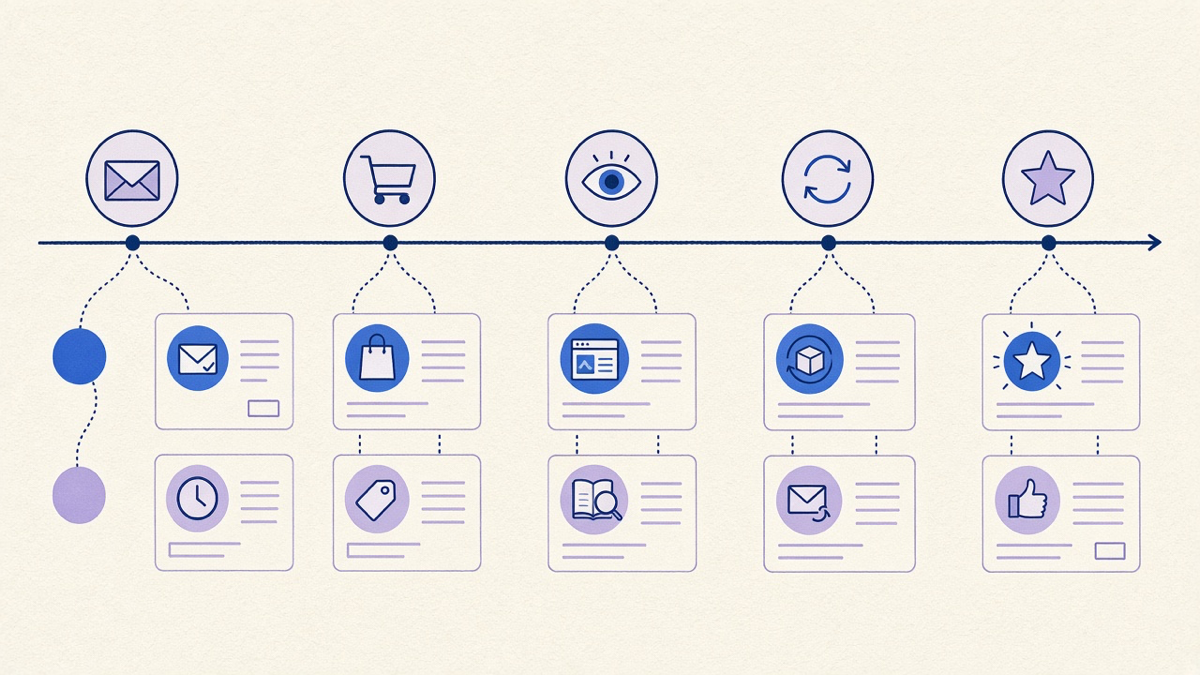 Five email automation flow types branching from a single customer timeline