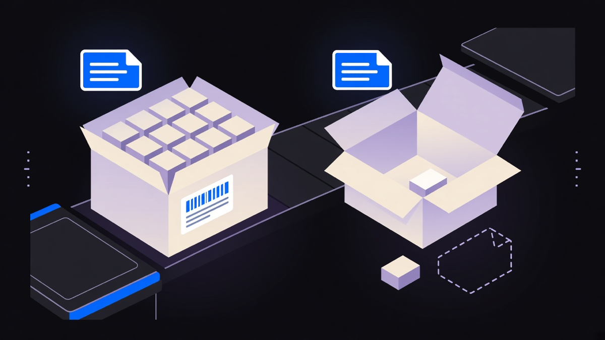 Illustration of a warehouse packing station with a partial order split into two shipping labels