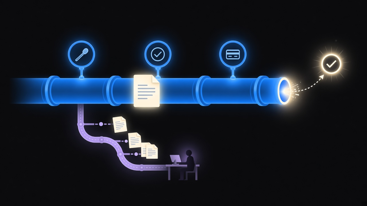 A single invoice moving through a matching and approval pipeline while a smaller stack of flagged invoices routes to a human reviewer