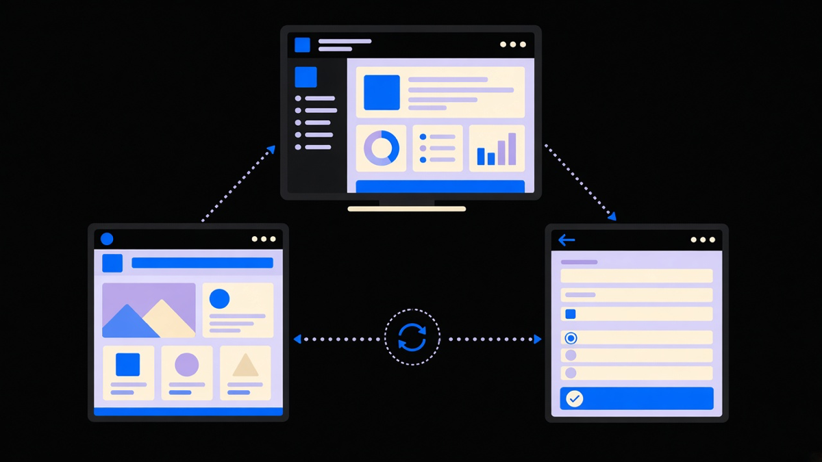 Illustration of the Shopify admin panel wired to a storefront preview and a checkout screen, with connecting lines showing data flowing between the three